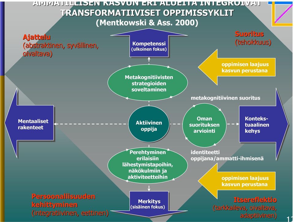 kasvun perustana metakognitiivinen suoritus Mentaaliset rakenteet Aktiivinen oppija Oman suorituksen arviointi Kontekstuaalinen kehys Persoonallisuuden kehittyminen