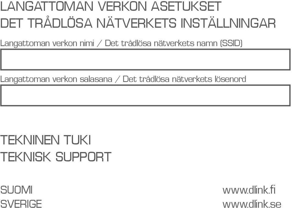 namn (SSID) Langattoman verkon salasana / Det trådlösa nätverkets