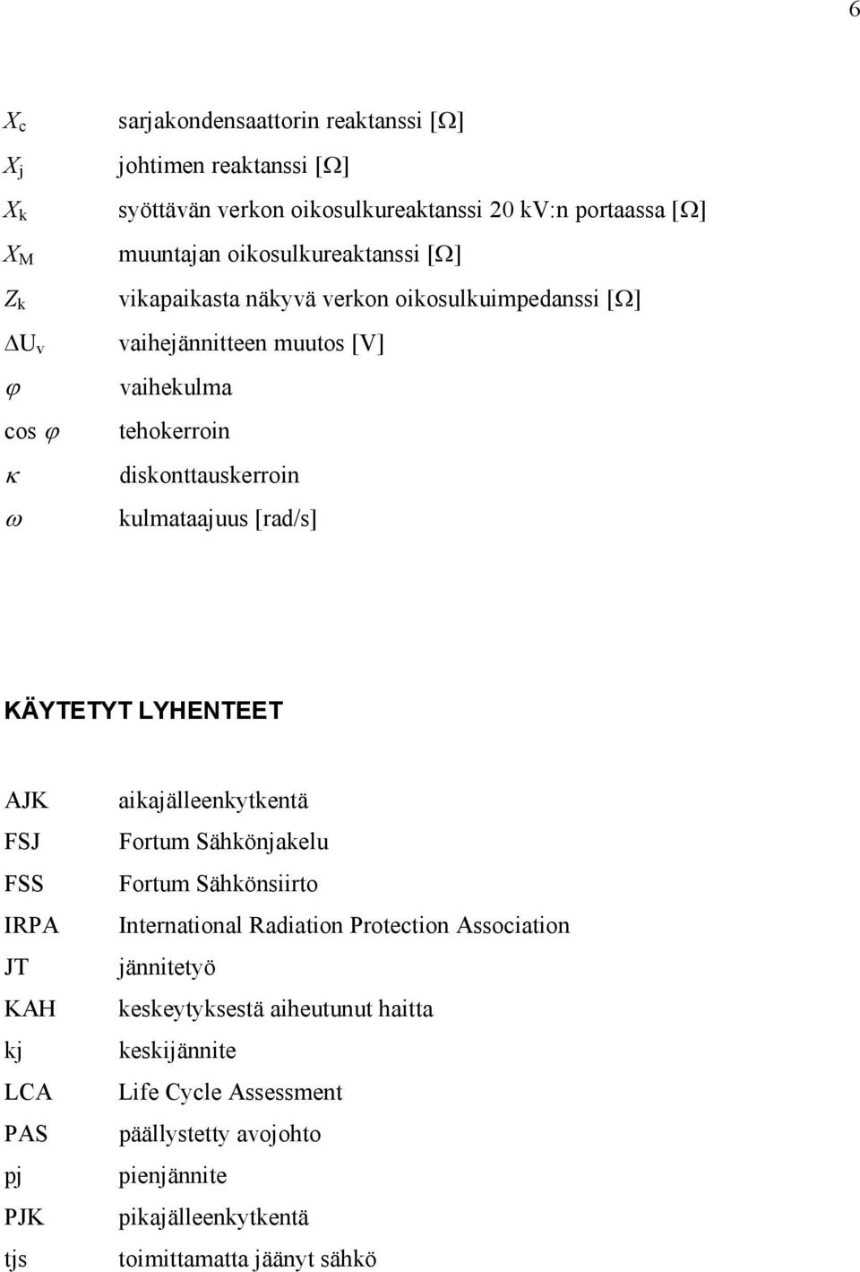 [rad/s] KÄYTETYT LYHENTEET AJK FSJ FSS IRPA JT KAH kj LCA PAS pj PJK tjs aikajälleenkytkentä Fortum Sähkönjakelu Fortum Sähkönsiirto International Radiation