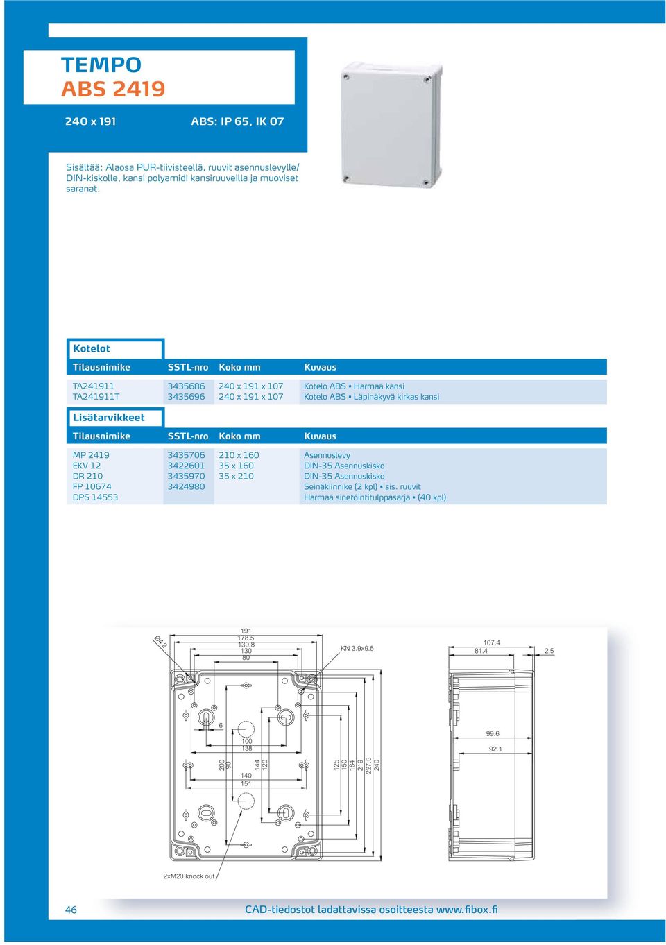 35 x 160 DIN-35 Asennuskisko DR 2 3435970 35 x 2 DIN-35 Asennuskisko FP 674 3424980 Seinäkiinnike (2 kpl) sis. ruuvit DPS 14553 Harmaa sinetöintitulppasarja (40 kpl) Ø4.