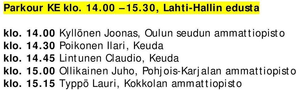 15.00 Ollikainen Juho, Pohjois-Karjalan ammattiopisto klo. 15.