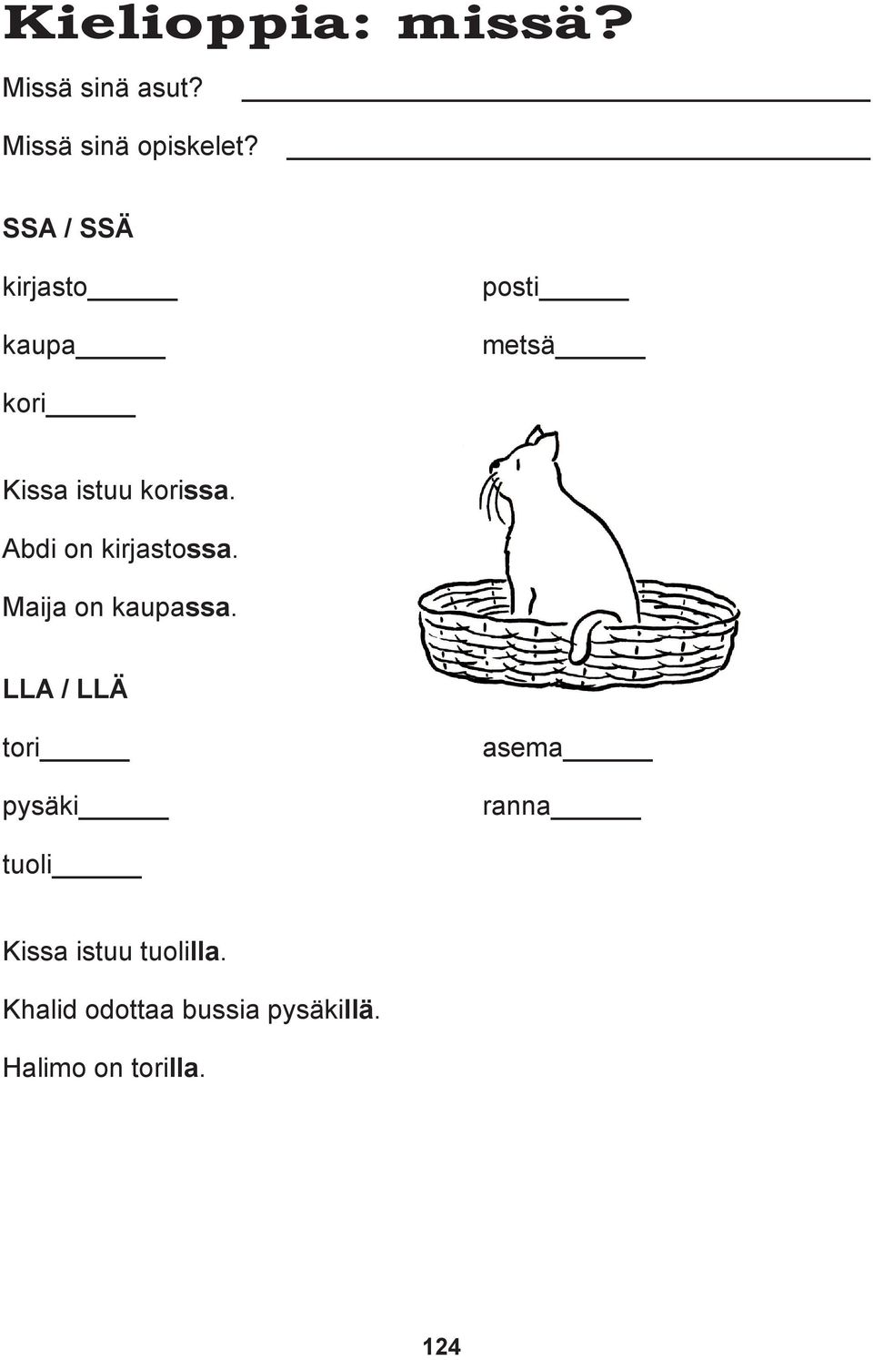 Abdi on kirjastossa. Maija on kaupassa.