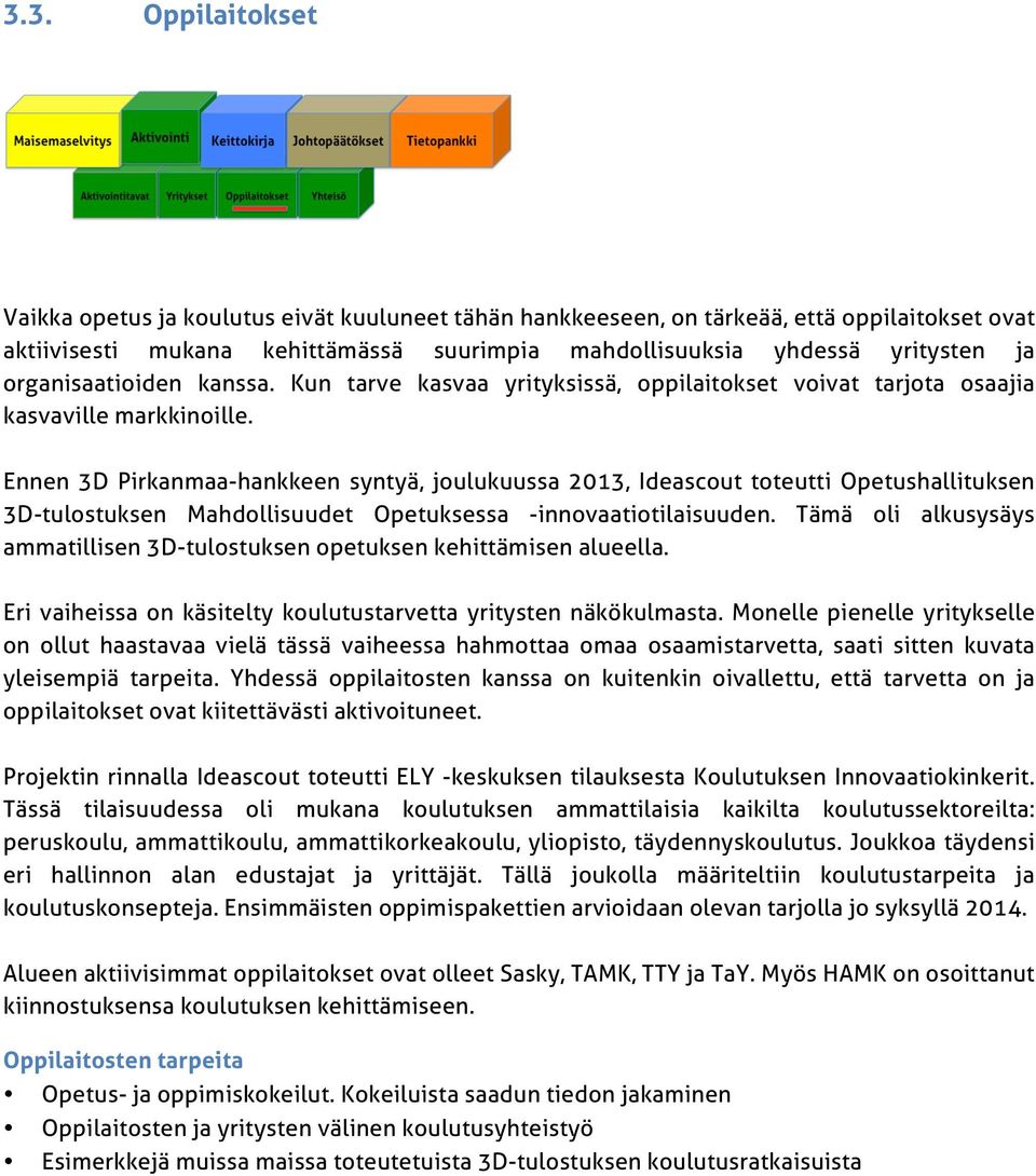 Ennen 3D Pirkanmaa-hankkeen syntyä, joulukuussa 2013, Ideascout toteutti Opetushallituksen 3D-tulostuksen Mahdollisuudet Opetuksessa -innovaatiotilaisuuden.