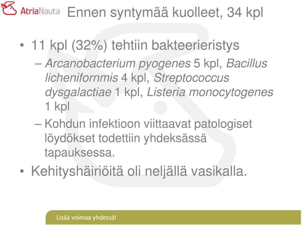 dysgalactiae 1 kpl, Listeria monocytogenes 1 kpl Kohdun infektioon viittaavat