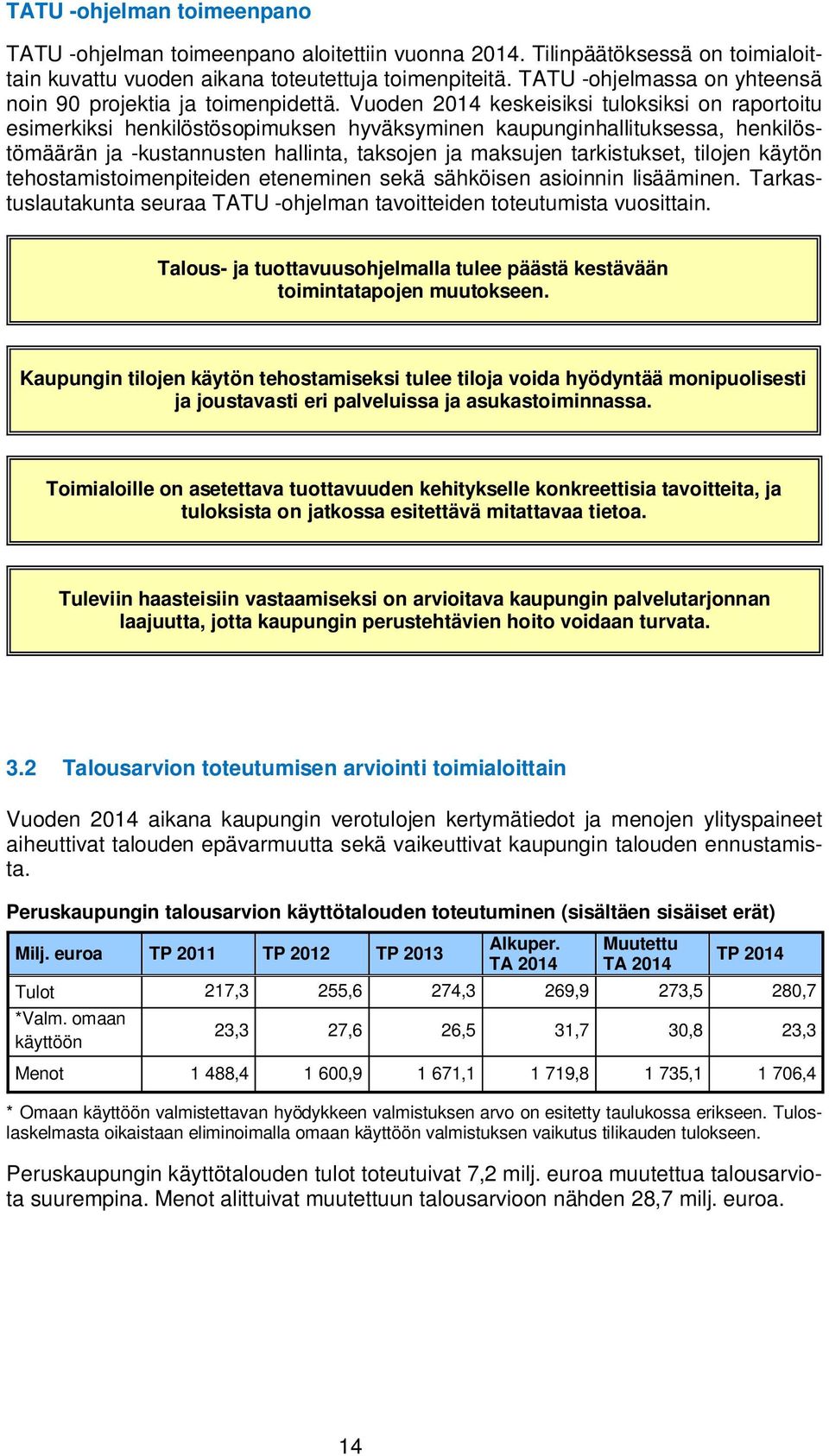 Vuoden 2014 keskeisiksi tuloksiksi on raportoitu esimerkiksi henkilöstösopimuksen hyväksyminen kaupunginhallituksessa, henkilöstömäärän ja -kustannusten hallinta, taksojen ja maksujen tarkistukset,