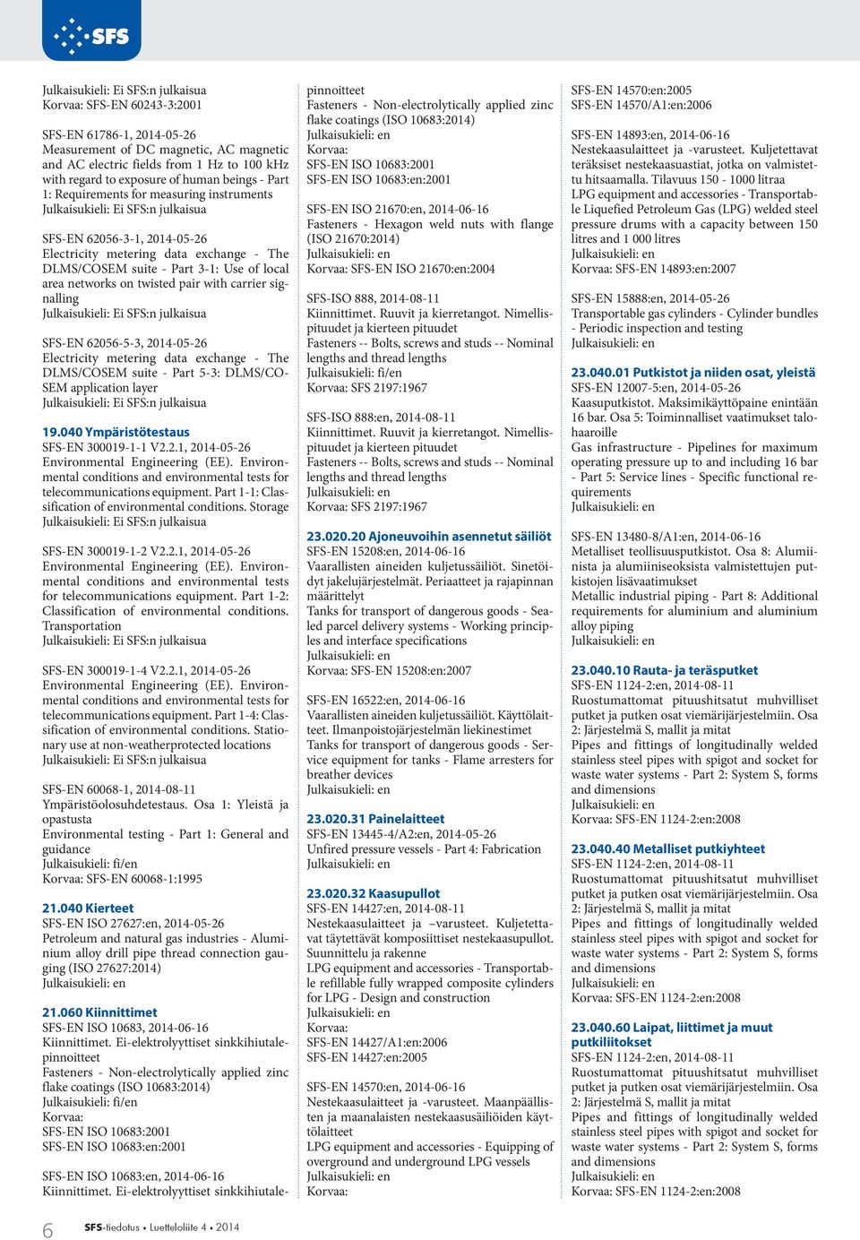 62056-5-3, 2014-05-26 Electricity metering data exchange - The DLMS/COSEM suite - Part 5-3: DLMS/CO- SEM application layer 19.040 Ympäristötestaus SFS-EN 300019-1-1 V2.2.1, 2014-05-26 Environmental Engineering (EE).