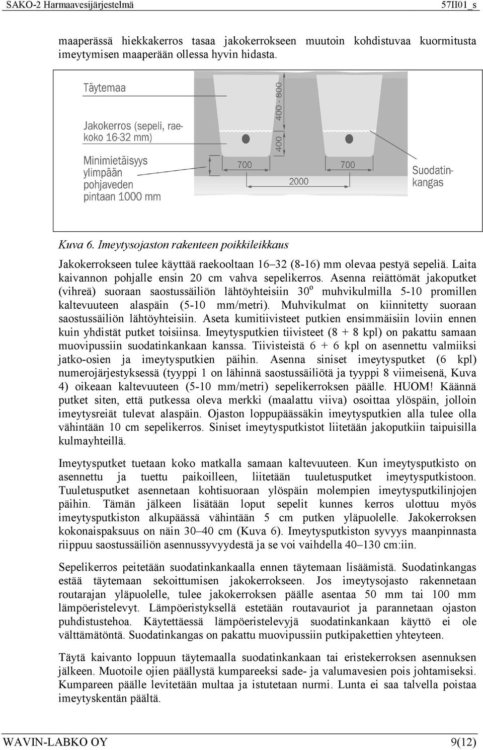 Asenna reiättömät jakoputket (vihreä) suoraan saostussäiliön lähtöyhteisiin 30 o muhvikulmilla 5-10 promillen kaltevuuteen alaspäin (5-10 mm/metri).