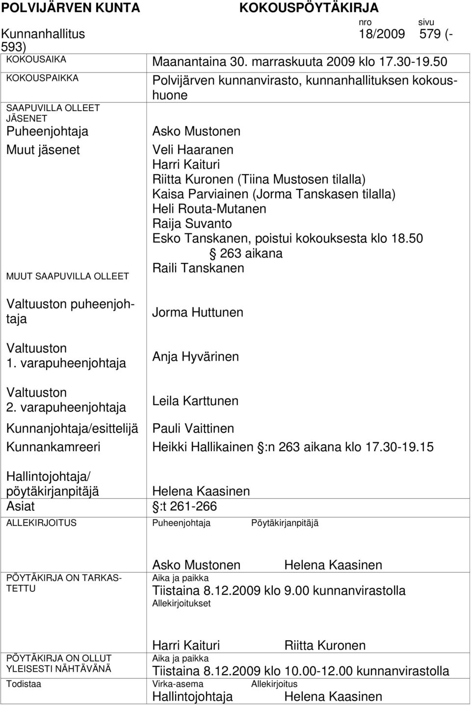 Kuronen (Tiina Mustosen tilalla) Kaisa Parviainen (Jorma Tanskasen tilalla) Heli Routa-Mutanen Raija Suvanto Esko Tanskanen, poistui kokouksesta klo 18.