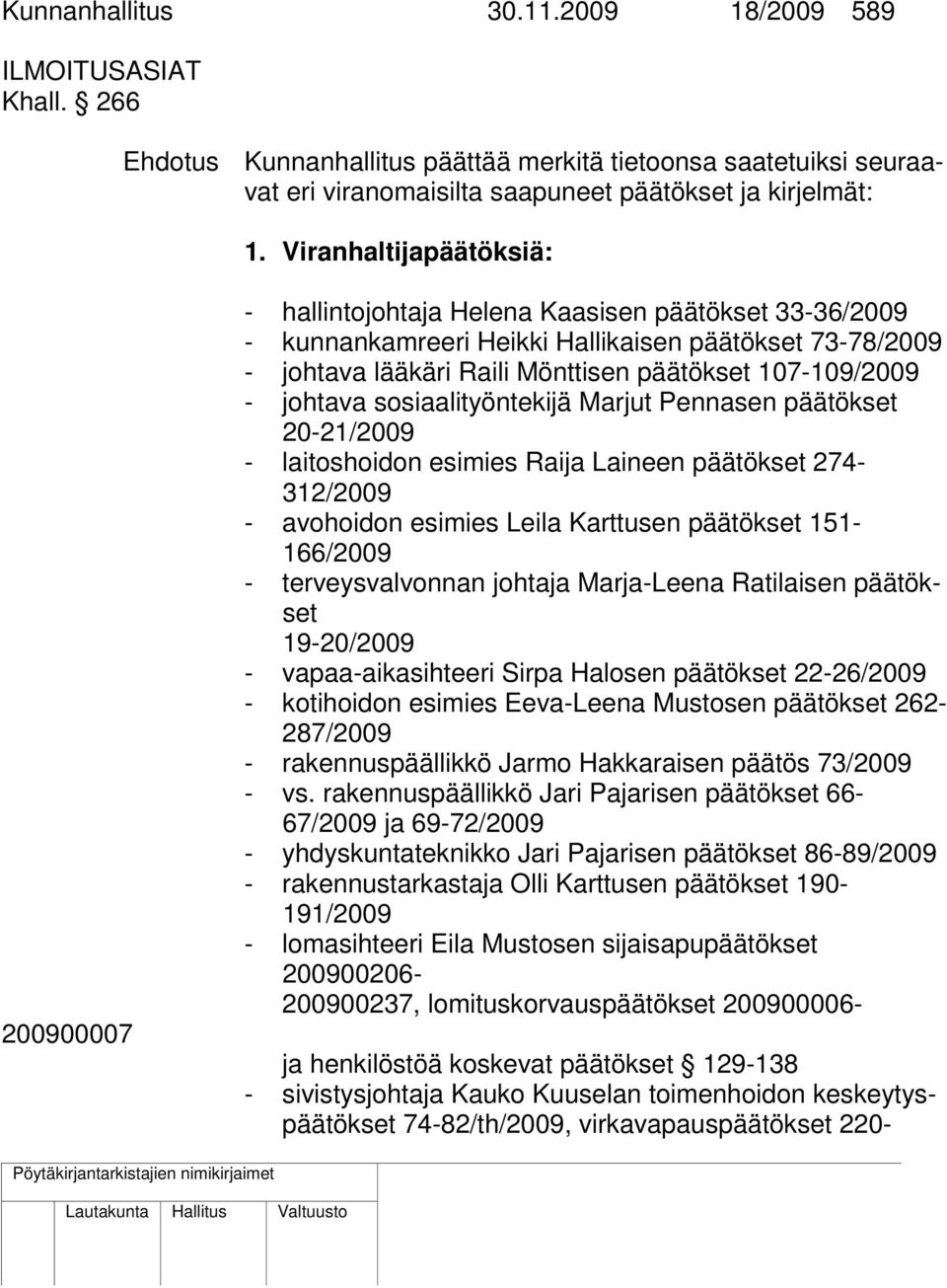 107-109/2009 - johtava sosiaalityöntekijä Marjut Pennasen päätökset 20-21/2009 - laitoshoidon esimies Raija Laineen päätökset 274-312/2009 - avohoidon esimies Leila Karttusen päätökset 151-166/2009 -