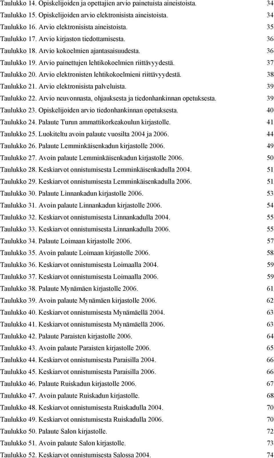 Arvio elektronisten lehtikokoelmieni riittävyydestä. 38 Taulukko 21. Arvio elektronisista palveluista. 39 Taulukko 22. Arvio neuvonnasta, ohjauksesta ja tiedonhankinnan opetuksesta. 39 Taulukko 23.