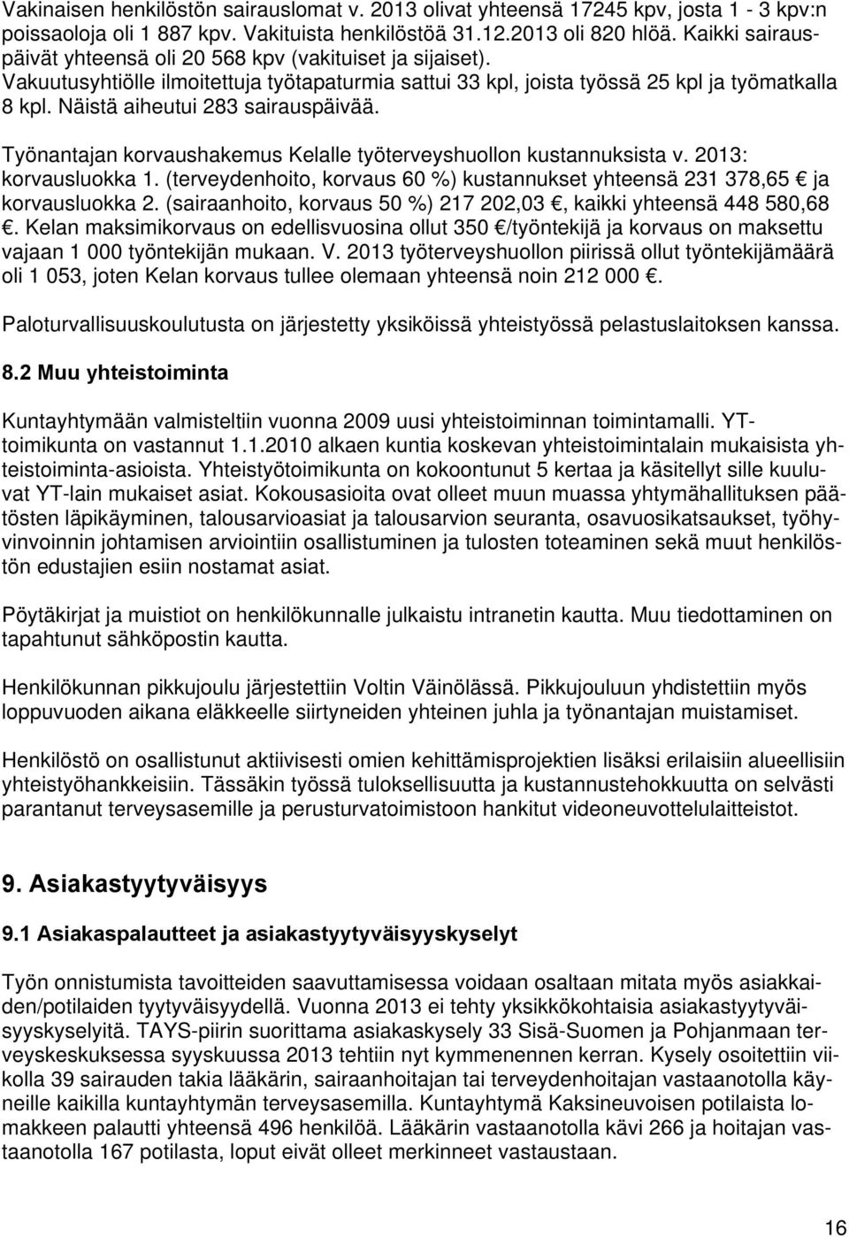 Näistä aiheutui 283 sairauspäivää. Työnantajan korvaushakemus Kelalle työterveyshuollon kustannuksista v. 2013: korvausluokka 1.