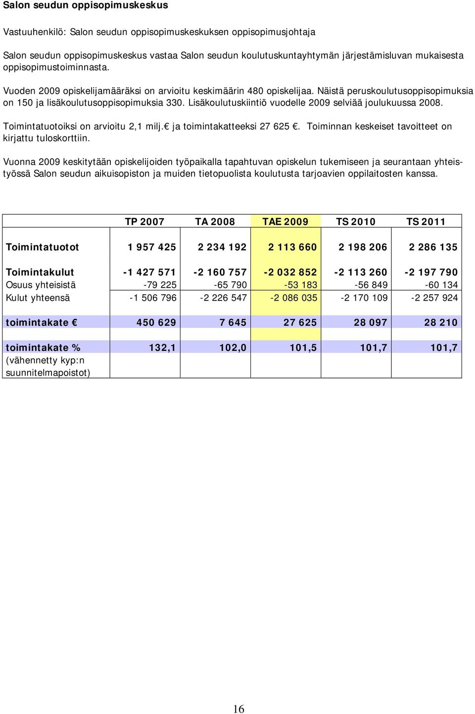 Lisäkoulutuskiintiö vuodelle 2009 selviää joulukuussa 2008. Toimintatuotoiksi on arvioitu 2,1 milj. ja toimintakatteeksi 27 625. Toiminnan keskeiset tavoitteet on kirjattu tuloskorttiin.