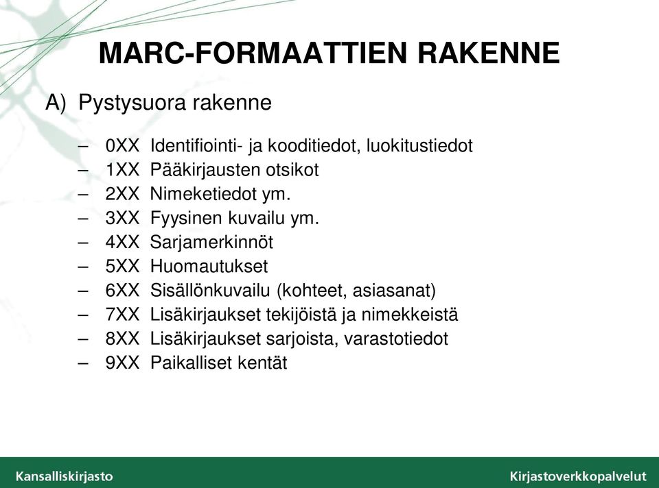4XX Sarjamerkinnöt 5XX Huomautukset 6XX Sisällönkuvailu (kohteet, asiasanat) 7XX