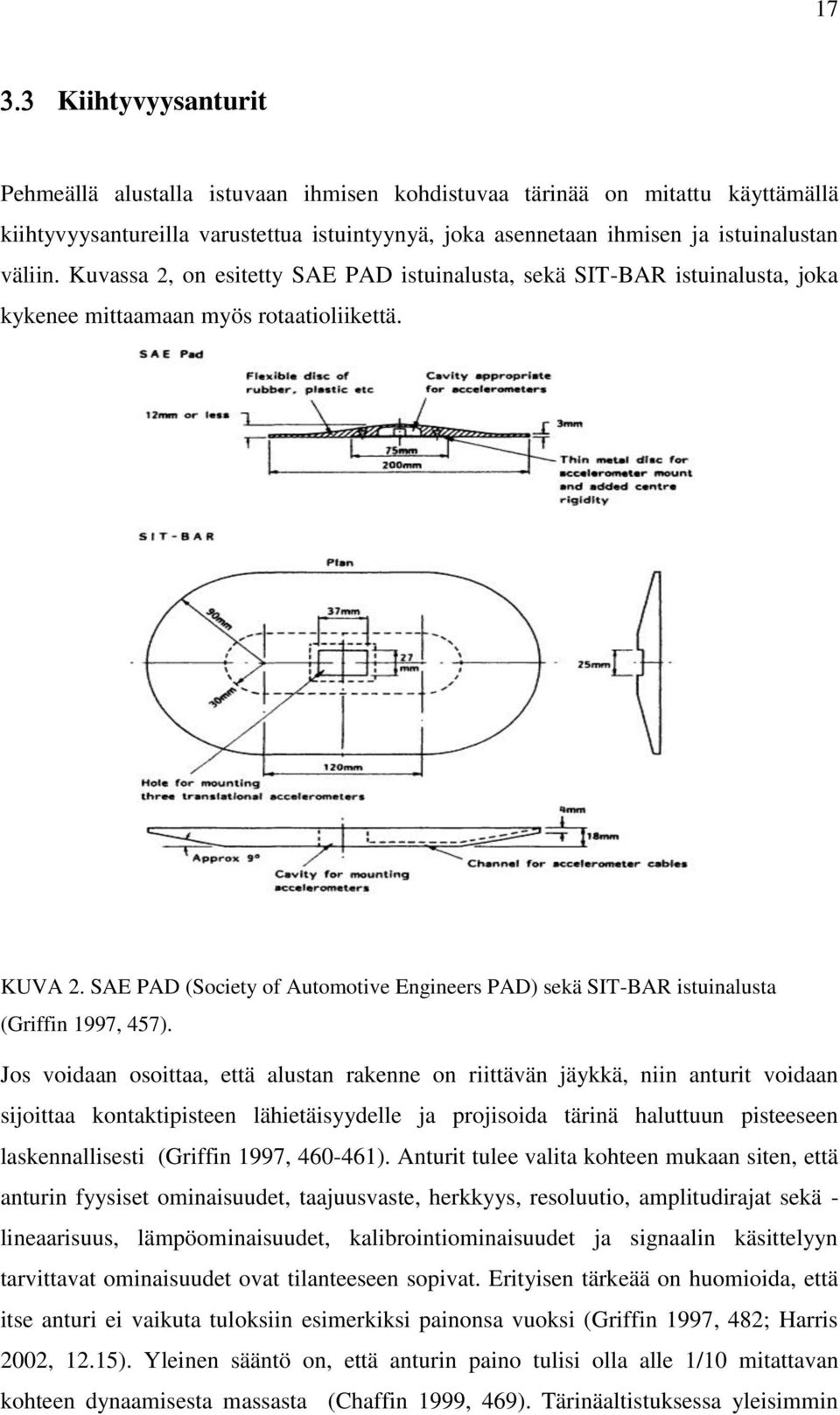 SAE PAD (Society of Automotive Engineers PAD) sekä SIT-BAR istuinalusta (Griffin 1997, 457).