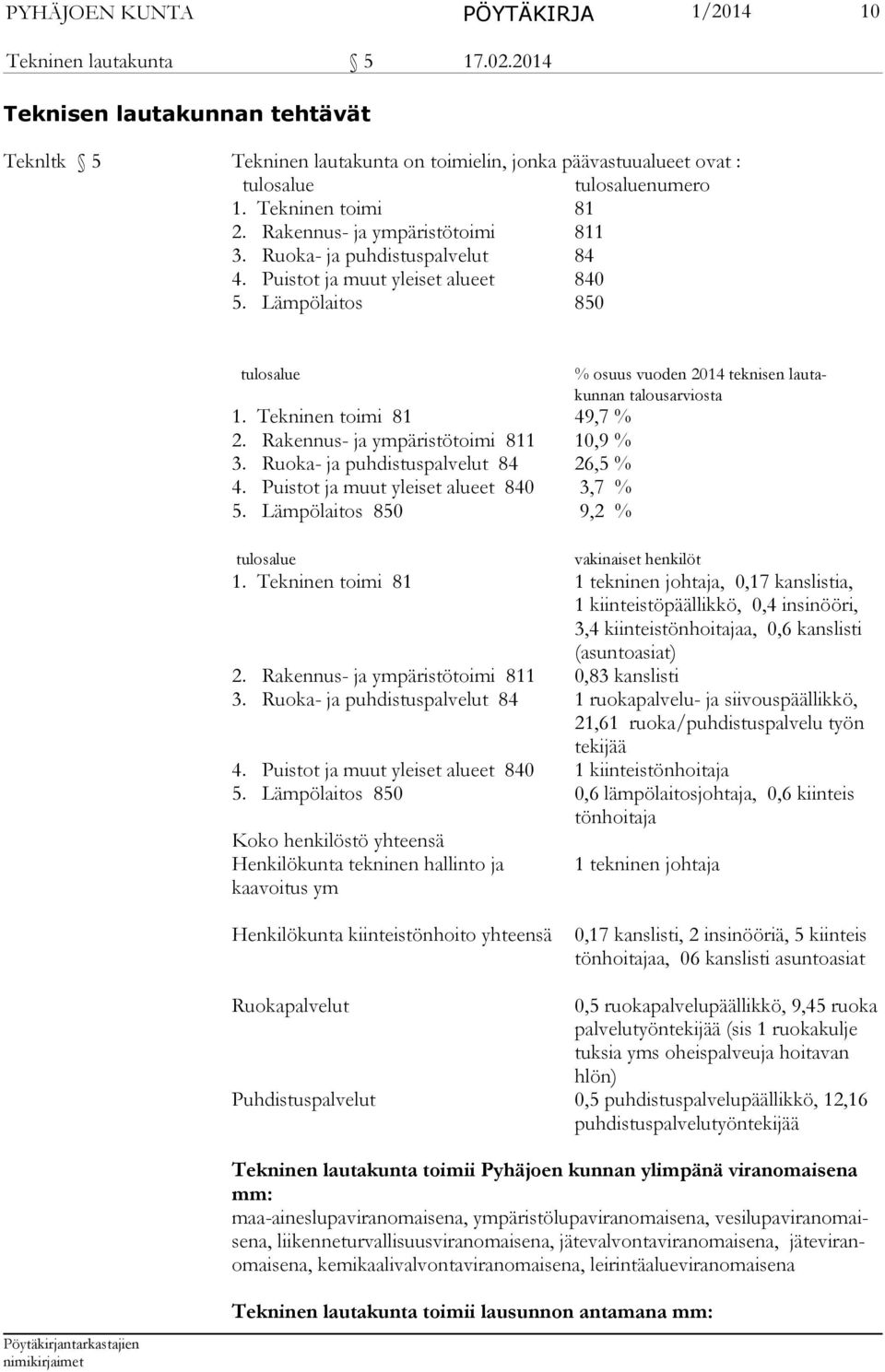 Lämpölaitos 850 tulosalue % osuus vuoden 2014 teknisen lautakunnan talousarviosta 1. Tekninen toimi 81 49,7 % 2. Rakennus- ja ympäristötoimi 811 10,9 % 3. Ruoka- ja puhdistuspalvelut 84 26,5 % 4.