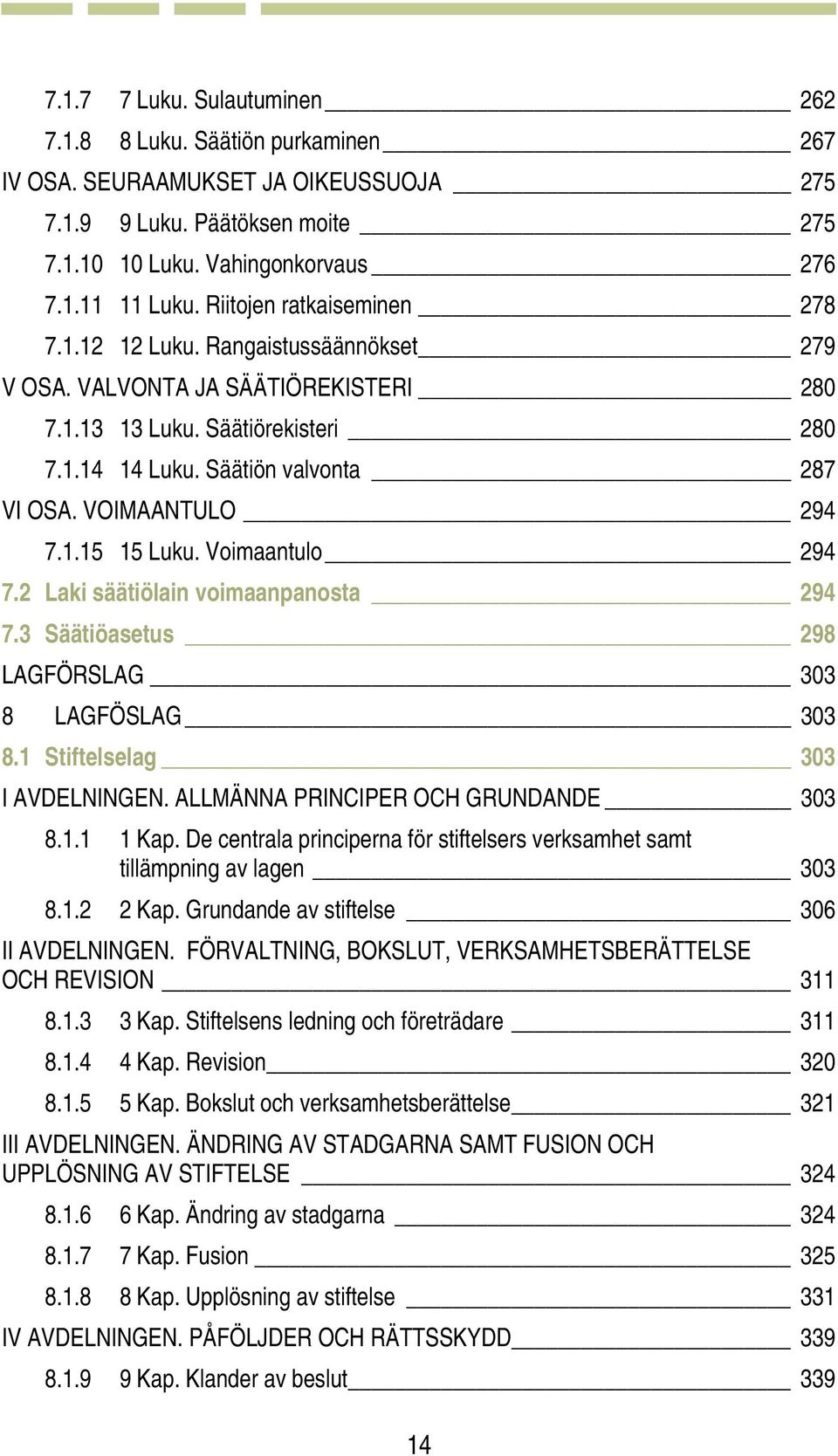 VOIMAANTULO 294 7.1.15 15 Luku. Voimaantulo 294 7.2 Laki säätiölain voimaanpanosta 294 7.3 Säätiöasetus 298 LAGFÖRSLAG 303 8 LAGFÖSLAG 303 8.1 Stiftelselag 303 I AVDELNINGEN.