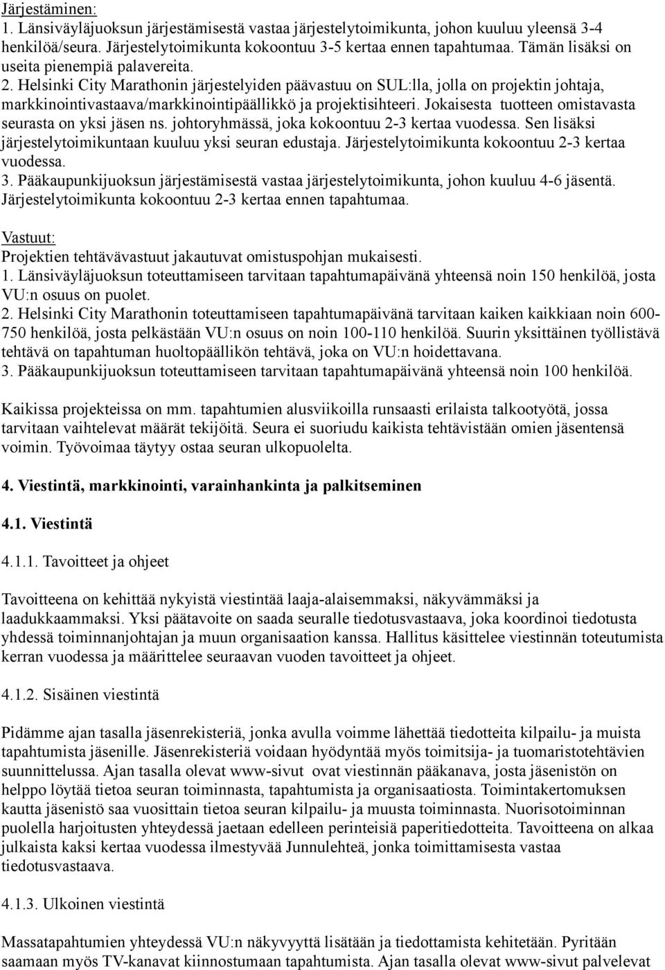 Helsinki City Marathonin järjestelyiden päävastuu on SUL:lla, jolla on projektin johtaja, markkinointivastaava/markkinointipäällikkö ja projektisihteeri.