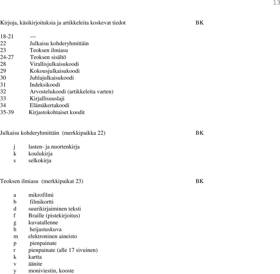 koheryhmittäin (merkkipikk 22) BK j k s lsten- j nuortenkirj koulukirj selkokirj Teoksen ilmisu (merkkipikt 23) BK f g h m p r k v y mikrofilmi filmikortti