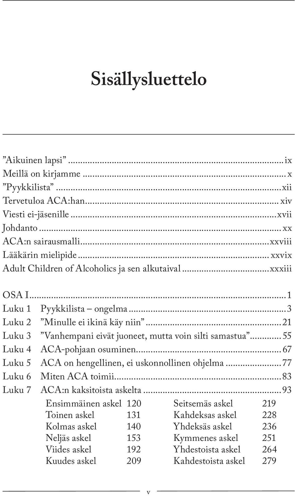 ..21 Luku 3 Vanhempani eivät juoneet, mutta voin silti samastua...55 Luku 4 ACA-pohjaan osuminen...67 Luku 5 ACA on hengellinen, ei uskonnollinen ohjelma...77 Luku 6 Miten ACA toimii.