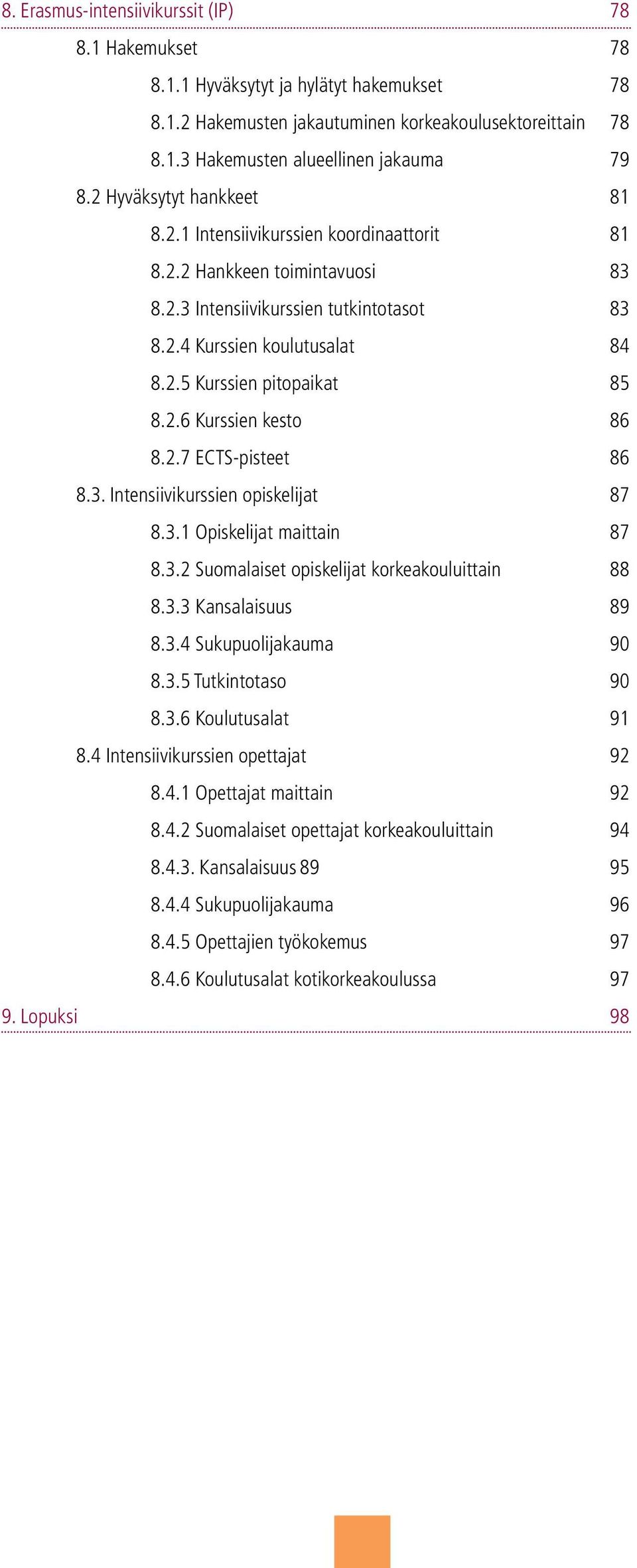 2.7 ects-pisteet 8.3. Intensiivikurssien opiskelijat 8.3.1 Opiskelijat maittain 8.3.2 Suomalaiset opiskelijat korkeakouluittain 8.3.3 Kansalaisuus 8.3.4 Sukupuolijakauma 8.3.5 Tutkintotaso 8.3.6 Koulutusalat 8.