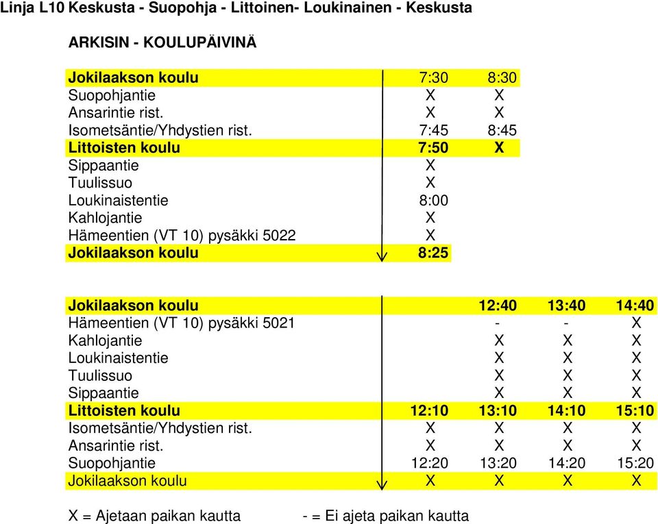 7:45 8:45 Littoisten koulu 7:50 Loukinaistentie 8:00 Kahlojantie Hämeentien (VT 10) pysäkki 5022 Jokilaakson koulu 8:25 Jokilaakson koulu