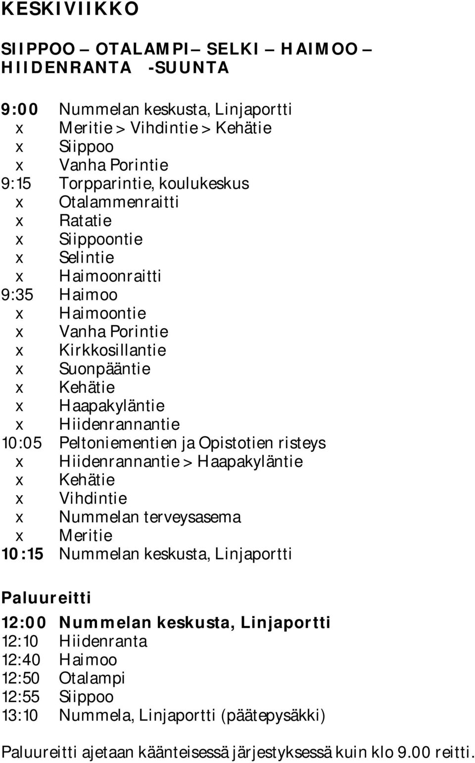 10:05 Peltoniementien ja Opistotien risteys x Hiidenrannantie > Haapakyläntie x Kehätie x Vihdintie x Nummelan terveysasema 10:15 Nummelan keskusta, Linjaportti Paluureitti 12:00