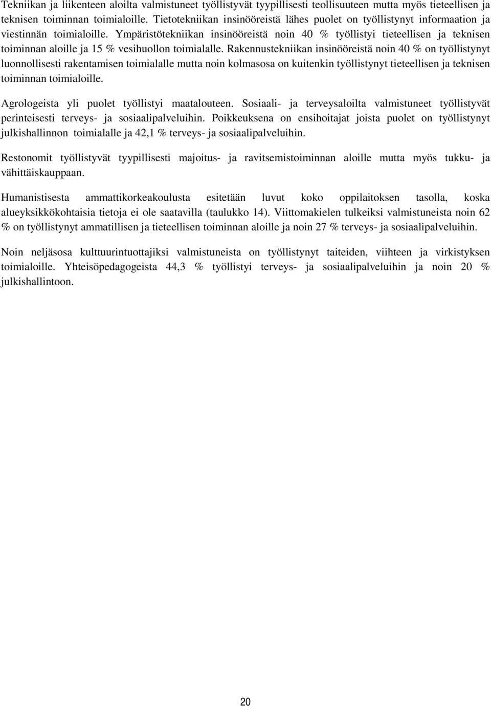 Ympäristötekniikan insinööreistä noin 40 % työllistyi tieteellisen ja teknisen toiminnan aloille ja 15 % vesihuollon toimialalle.