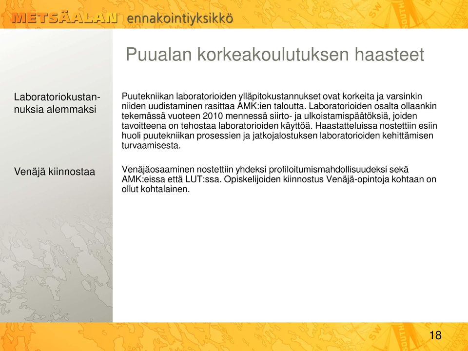 Laboratorioiden osalta ollaankin tekemässä vuoteen 2010 mennessä siirto- ja ulkoistamispäätöksiä, joiden tavoitteena on tehostaa laboratorioiden käyttöä.