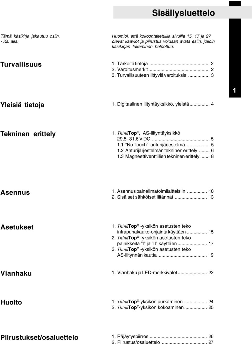 .. 2 3. Turvallisuuteen liittyviä varoituksia... 3 1 Yleisiä tietoja 1. Digitaalinen liityntäyksikkö, yleistä... 4 Tekninen erittely 1. ThinkTop, AS-liityntäyksikkö 29,5 31,6 V DC... 5 1.