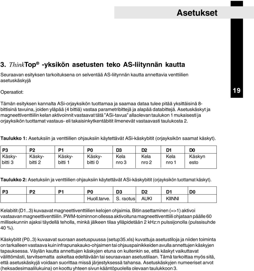 ASi-orjayksikön tuottamaa ja saamaa dataa tulee pitää yksittäisinä 8- bittisinä tavuina, joiden yläpää (4 bittiä) vastaa parametribittejä ja alapää databittejä.