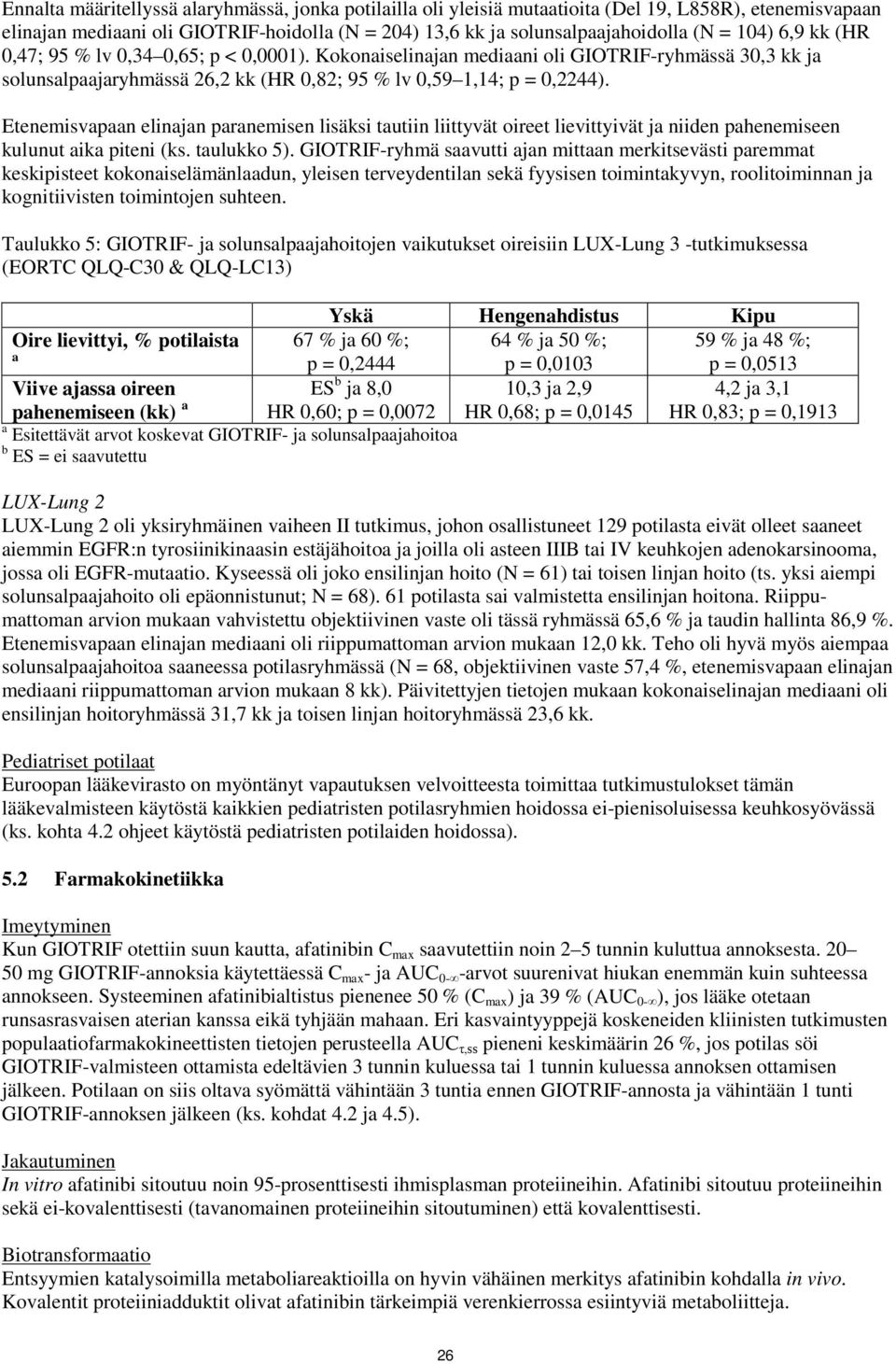 Etenemisvapaan elinajan paranemisen lisäksi tautiin liittyvät oireet lievittyivät ja niiden pahenemiseen kulunut aika piteni (ks. taulukko 5).