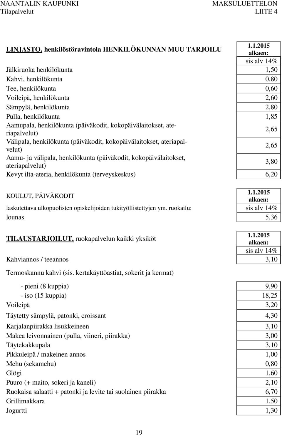 henkilökunta (päiväkodit, kokopäivälaitokset, ateriapalvelut) 2,65 Välipala, henkilökunta (päiväkodit, kokopäivälaitokset, ateriapalvelut) 2,65 Aamu- ja välipala, henkilökunta (päiväkodit,