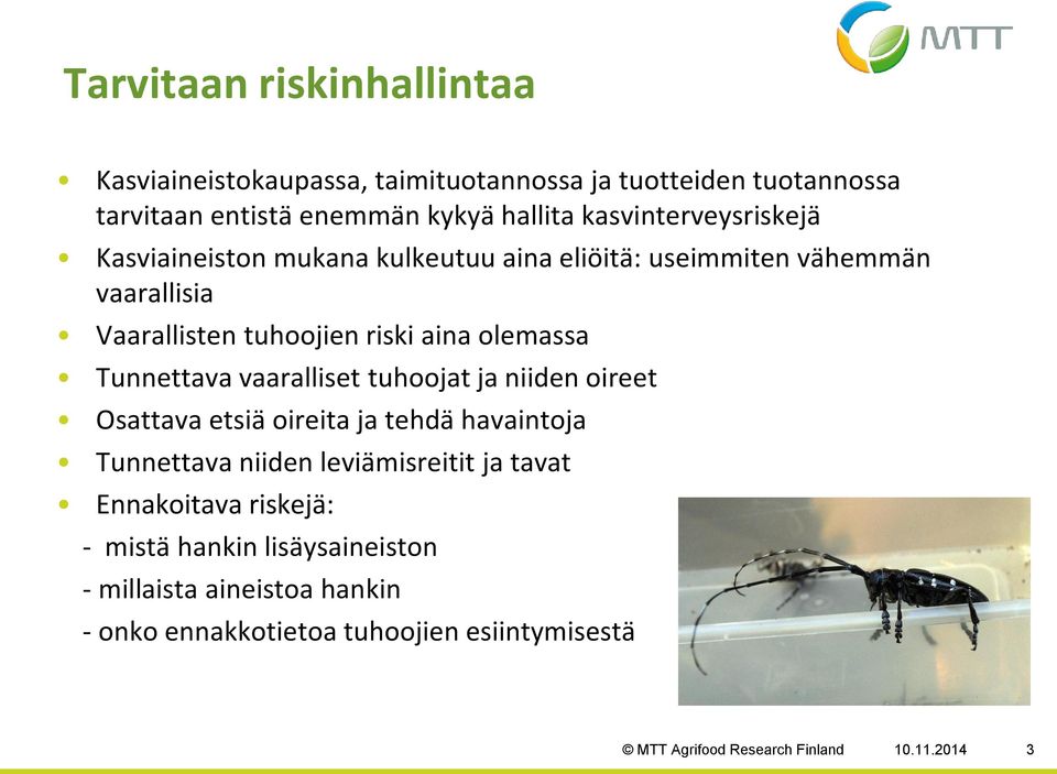 Tunnettava vaaralliset tuhoojat ja niiden oireet Osattava etsiä oireita ja tehdä havaintoja Tunnettava niiden leviämisreitit ja tavat