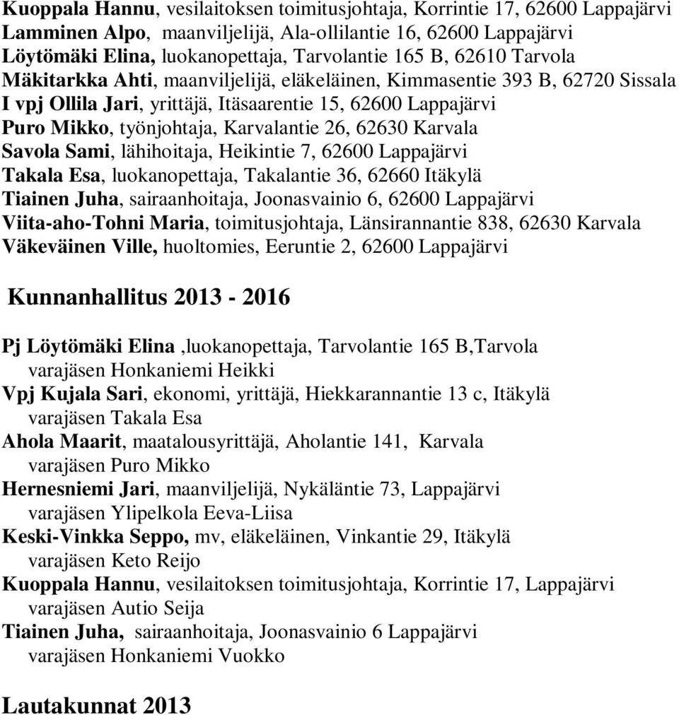 62630 Karvala Savola Sami, lähihoitaja, Heikintie 7, 62600 Lappajärvi Takala Esa, luokanopettaja, Takalantie 36, 62660 Itäkylä Tiainen Juha, sairaanhoitaja, Joonasvainio 6, 62600 Lappajärvi