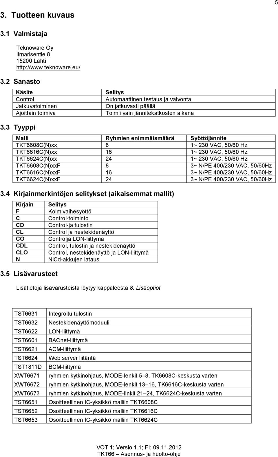 3 Tyyppi Malli Ryhmien enimmäismäärä Syöttöjännite TKT6608C(N)xx 8 1~ 230 VAC, 50/60 Hz TKT6616C(N)xx 16 1~ 230 VAC, 50/60 Hz TKT6624C(N)xx 24 1~ 230 VAC, 50/60 Hz TKT6608C(N)xxF 8 3~ N/PE 400/230