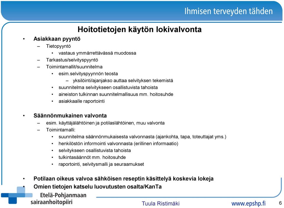 hoitosuhde asiakkaalle raportointi Säännönmukainen valvonta esim.