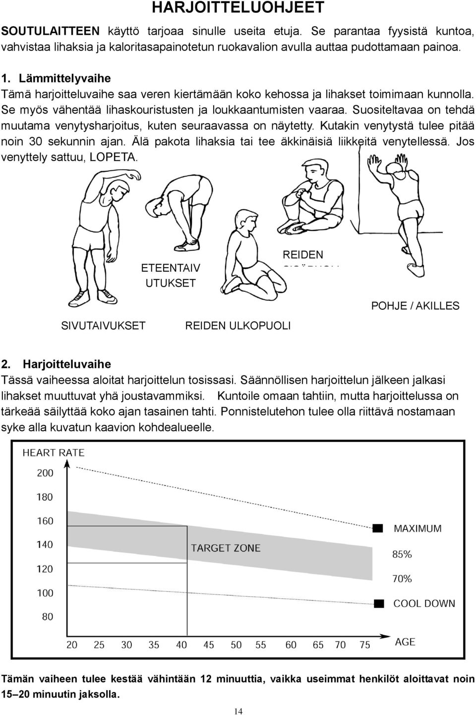 Suositeltavaa on tehdä muutama venytysharjoitus, kuten seuraavassa on näytetty. Kutakin venytystä tulee pitää noin 30 sekunnin ajan. Älä pakota lihaksia tai tee äkkinäisiä liikkeitä venytellessä.