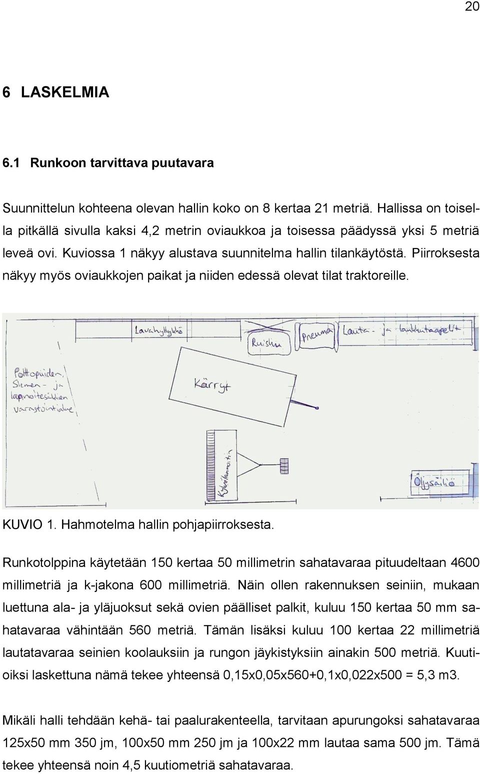 Piirroksesta näkyy myös oviaukkojen paikat ja niiden edessä olevat tilat traktoreille. KUVIO 1. Hahmotelma hallin pohjapiirroksesta.