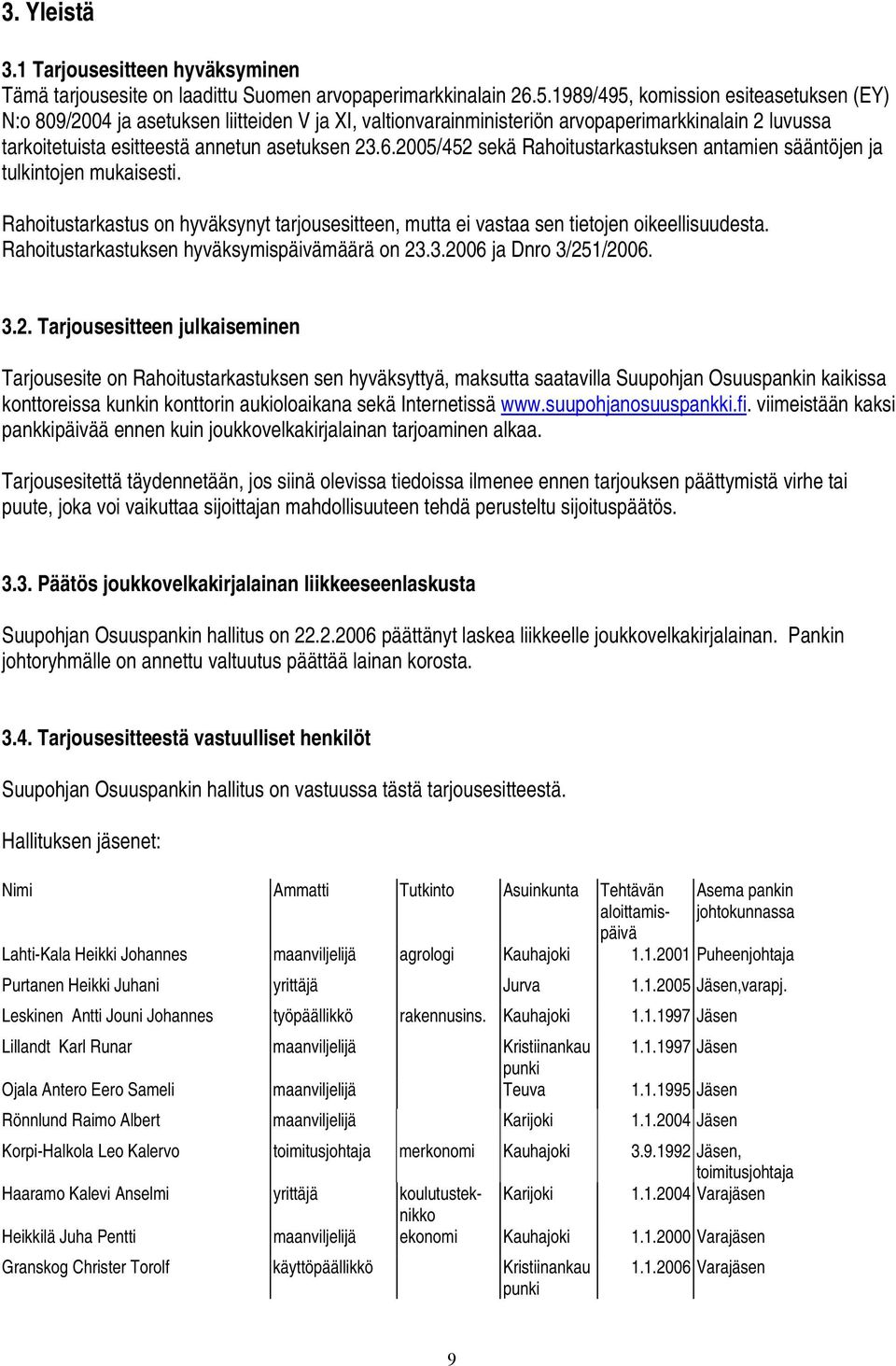 2005/452 sekä Rahoitustarkastuksen antamien sääntöjen ja tulkintojen mukaisesti. Rahoitustarkastus on hyväksynyt tarjousesitteen, mutta ei vastaa sen tietojen oikeellisuudesta.