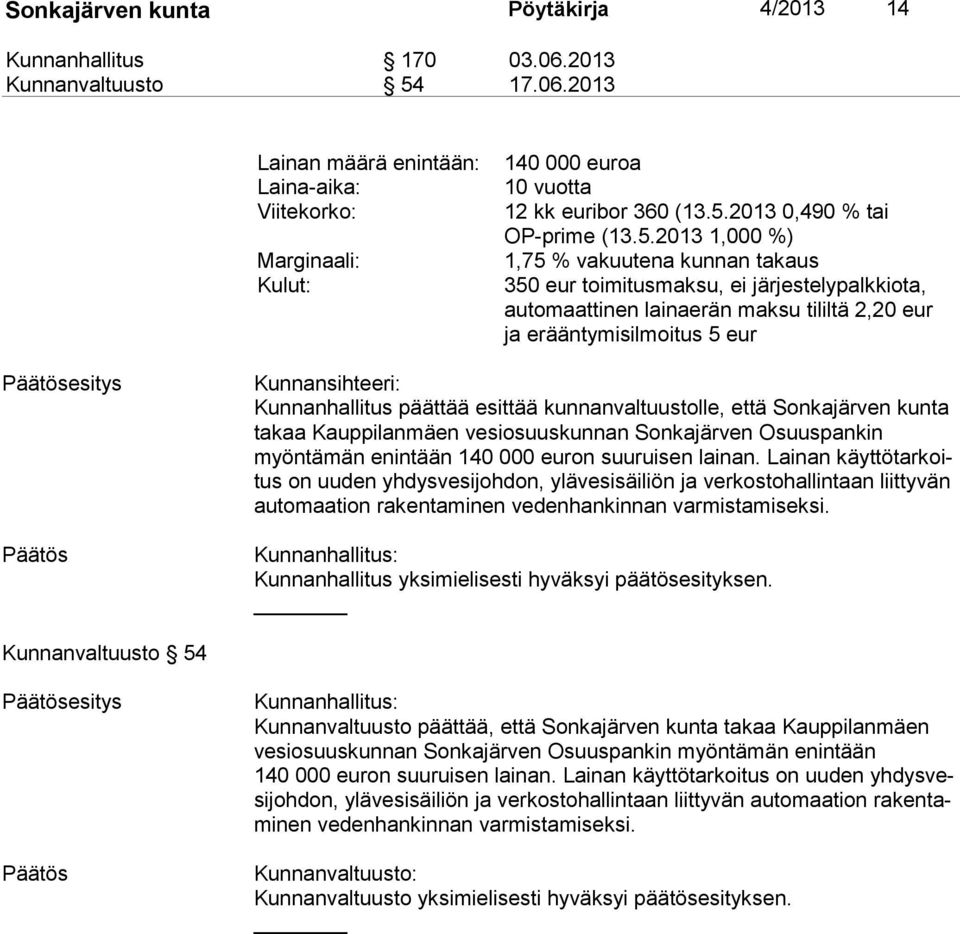 5 eur esitys Kunnansihteeri: Kunnanhallitus päättää esittää kunnanvaltuustolle, että Sonkajärven kunta takaa Kauppilanmäen vesiosuuskunnan Sonkajärven Osuuspankin myöntämän enintään 140 000 euron