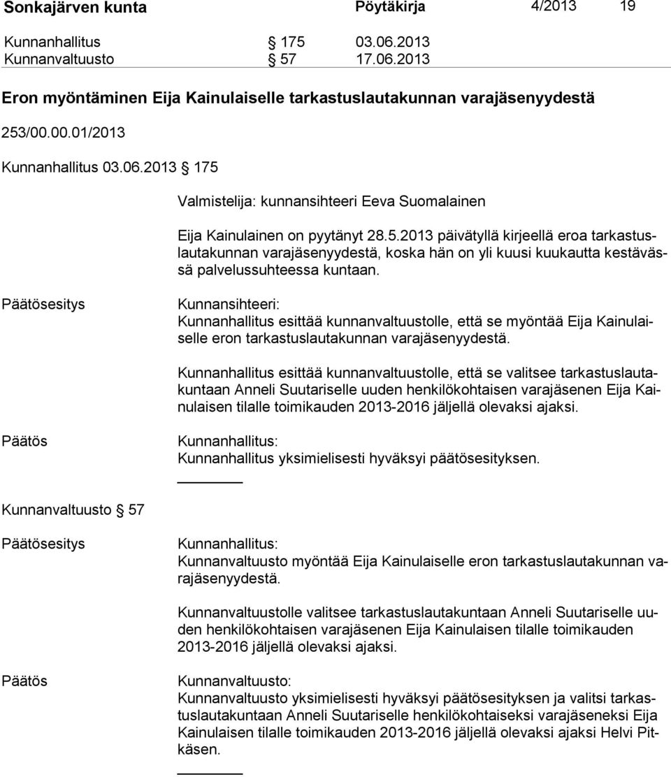 esitys Kunnansihteeri: Kunnanhallitus esittää kunnanvaltuustolle, että se myöntää Eija Kai nu laisel le eron tarkastuslautakunnan varajäsenyydestä.