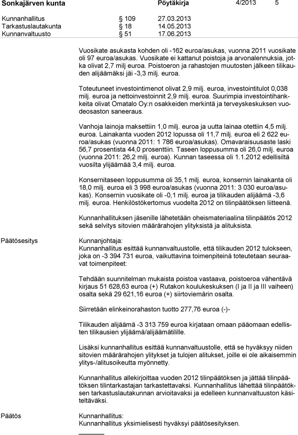 Poistoeron ja rahastojen muutosten jälkeen ti li kauden alijäämäksi jäi -3,3 milj. euroa. Toteutuneet investointimenot olivat 2,9 milj. euroa, investointitulot 0,038 milj.