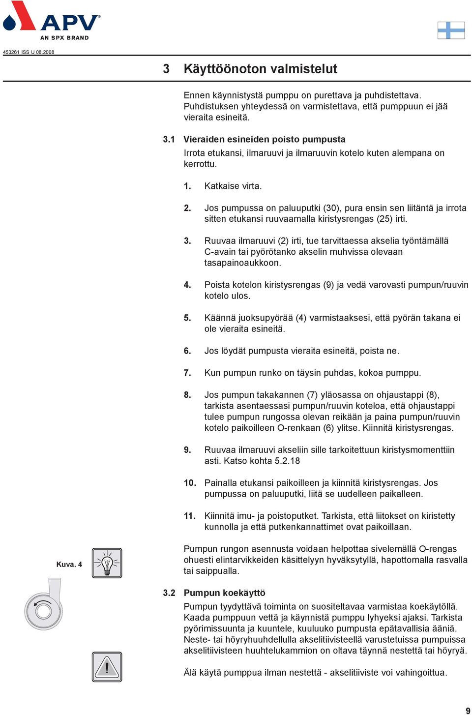 Jos pumpussa on paluuputki (30), pura ensin sen liitäntä ja irrota sitten etukansi ruuvaamalla kiristysrengas (25) irti. 3.