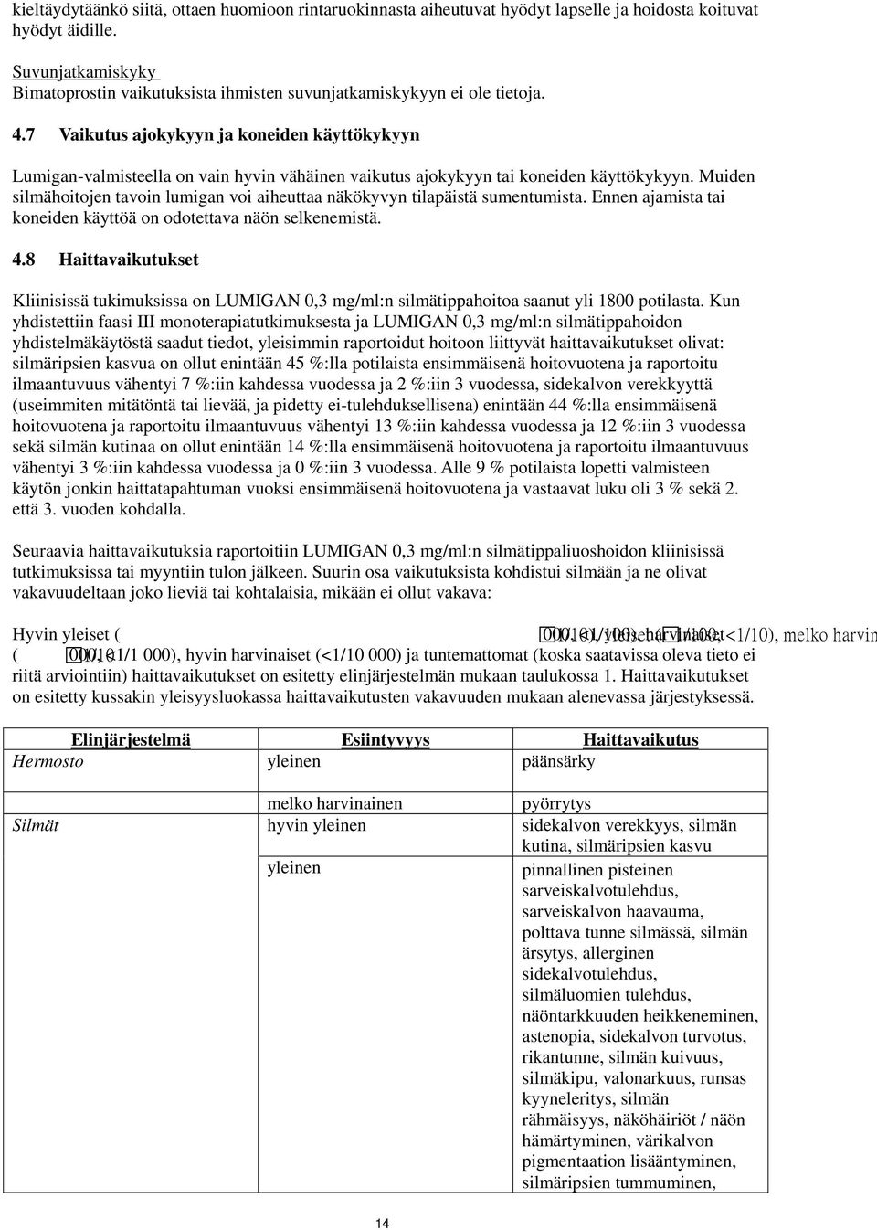 7 Vaikutus ajokykyyn ja koneiden käyttökykyyn Lumigan-valmisteella on vain hyvin vähäinen vaikutus ajokykyyn tai koneiden käyttökykyyn.