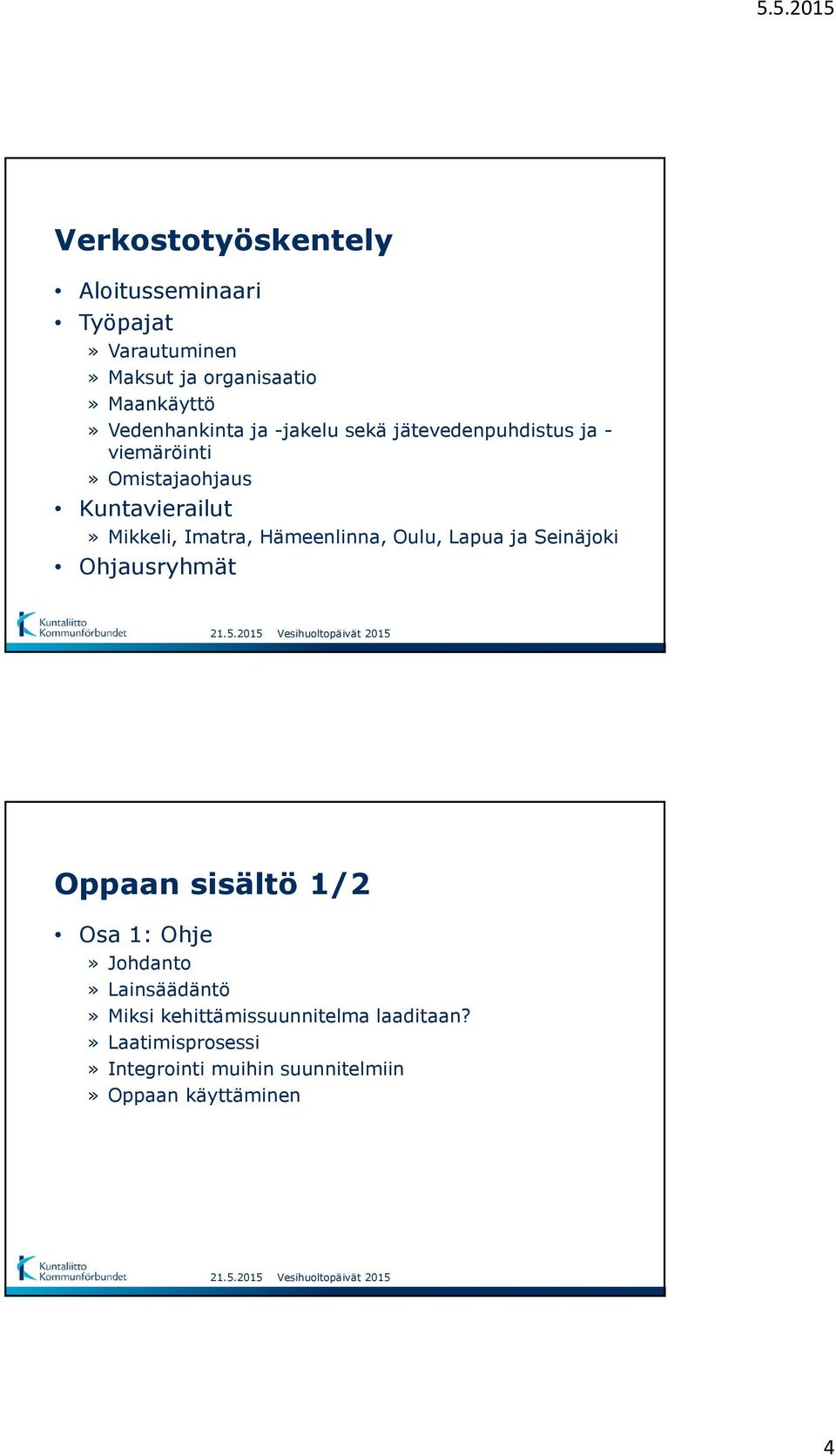Imatra, Hämeenlinna, Oulu, Lapua ja Seinäjoki Ohjausryhmät Oppaan sisältö 1/2 Osa 1: Ohje» Johdanto»