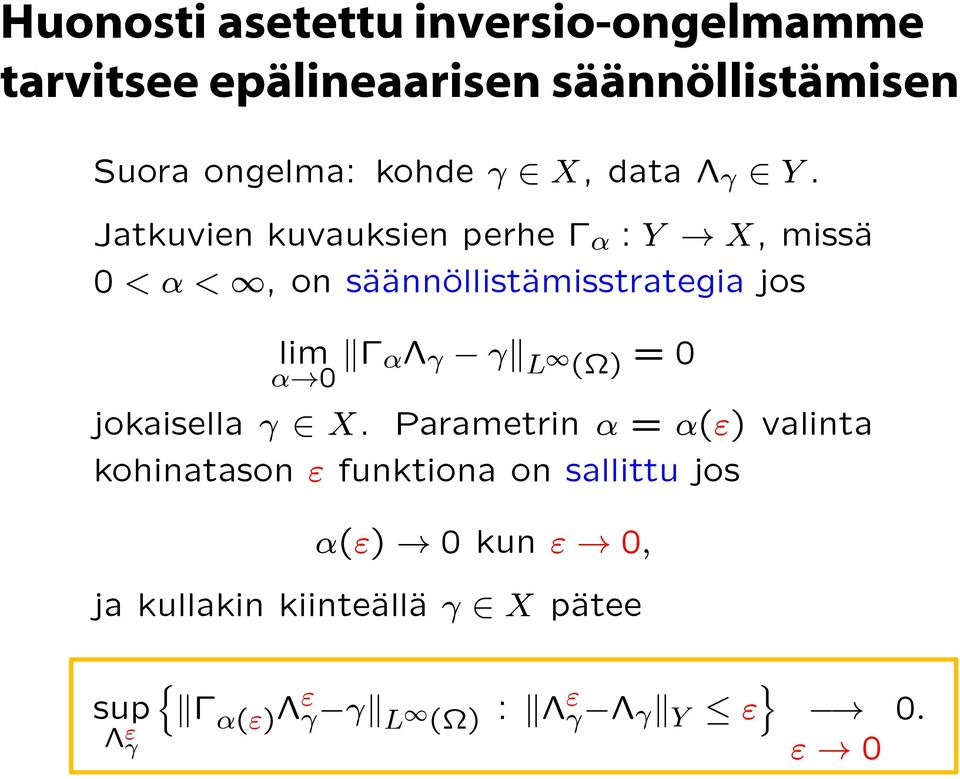 Jatkuvien kuvauksien perhe Γ α :Y X, missä 0<α<, on säännöllistämisstrategia jos lim Γ αλ γ γ α 0 L (Ω)