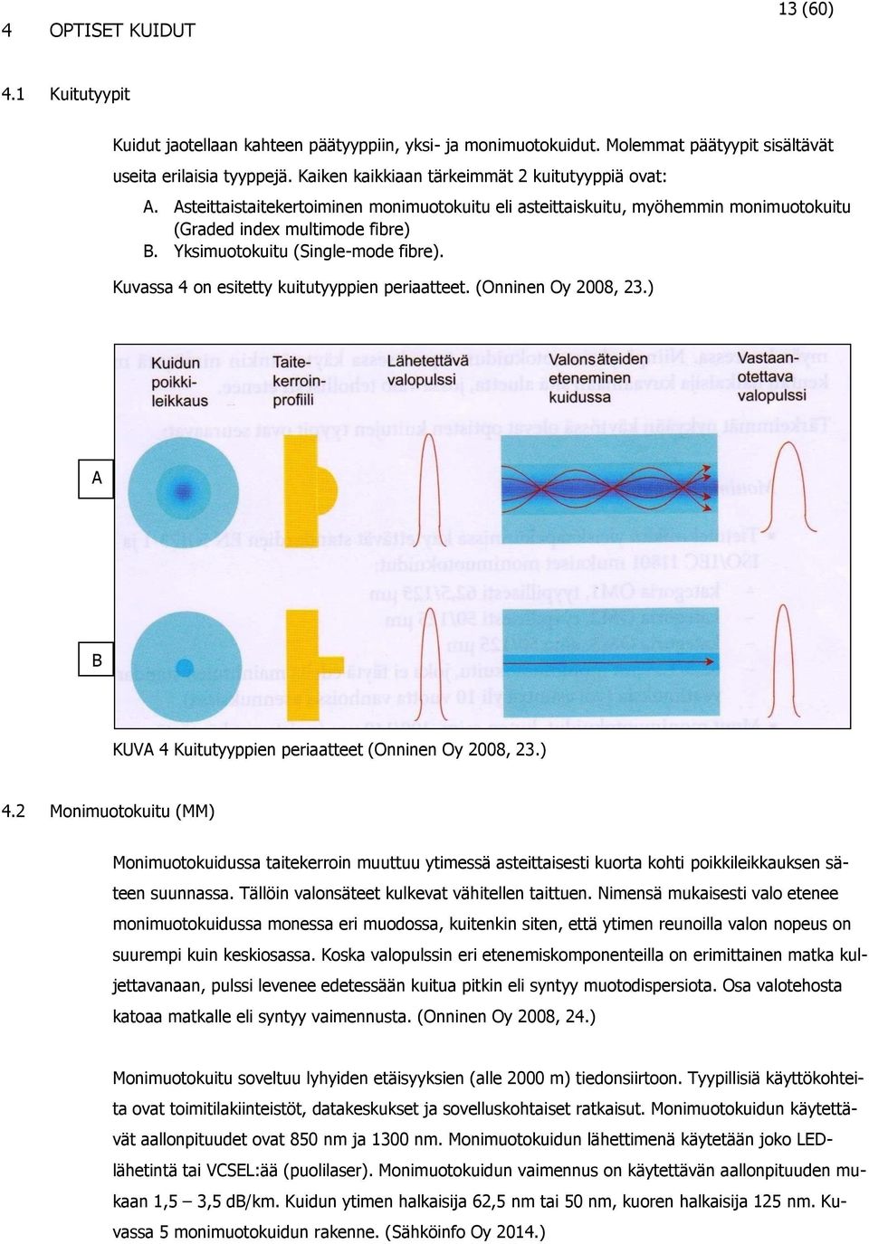 Yksimuotokuitu (Single-mode fibre). Kuvassa 4 on esitetty kuitutyyppien periaatteet. (Onninen Oy 2008, 23.) A B KUVA 4 Kuitutyyppien periaatteet (Onninen Oy 2008, 23.) 4.