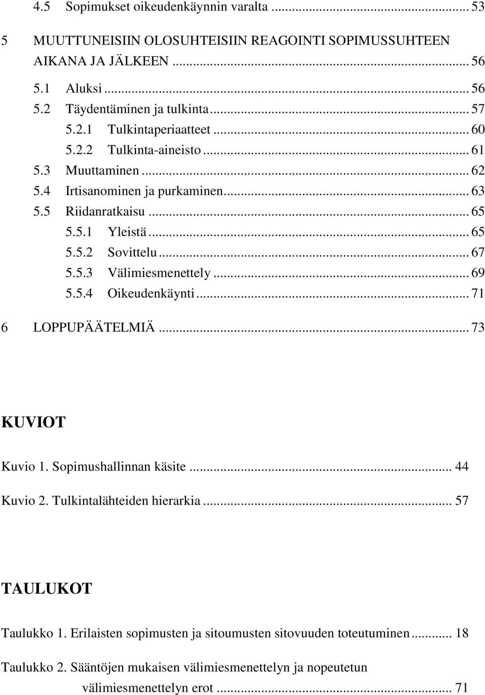 .. 67 5.5.3 Välimiesmenettely... 69 5.5.4 Oikeudenkäynti... 71 6 LOPPUPÄÄTELMIÄ... 73 KUVIOT Kuvio 1. Sopimushallinnan käsite... 44 Kuvio 2. Tulkintalähteiden hierarkia.