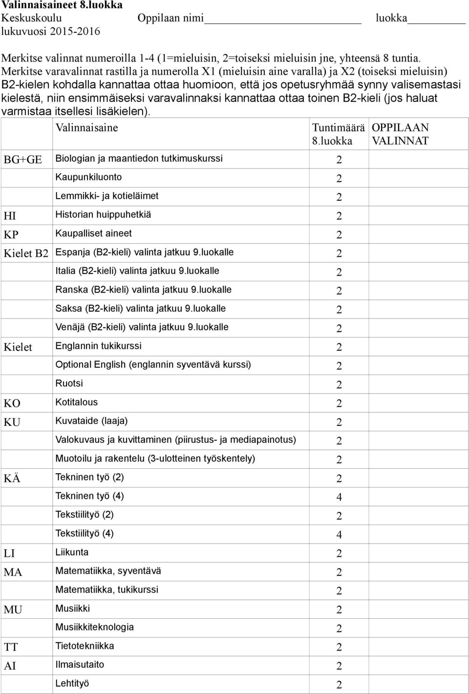 niin ensimmäiseksi varavalinnaksi kannattaa ottaa toinen B2-kieli (jos haluat varmistaa itsellesi lisäkielen). Valinnaisaine Tuntimäärä 8.