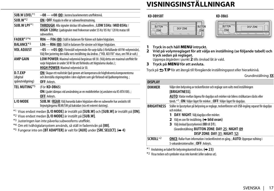 BALANCE *3 L06 R06 (00): Ställ in balansen för vänster och höger högtalare. VOL ADJUST 05 +05 (00): Förinställ volymnivån för varje källa (i förhållande till FM-volymnivån).